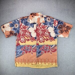Burma Bibas Silk Hawaiian Shirt Mens L Multicolor Hibiscus Tropical Distressed
